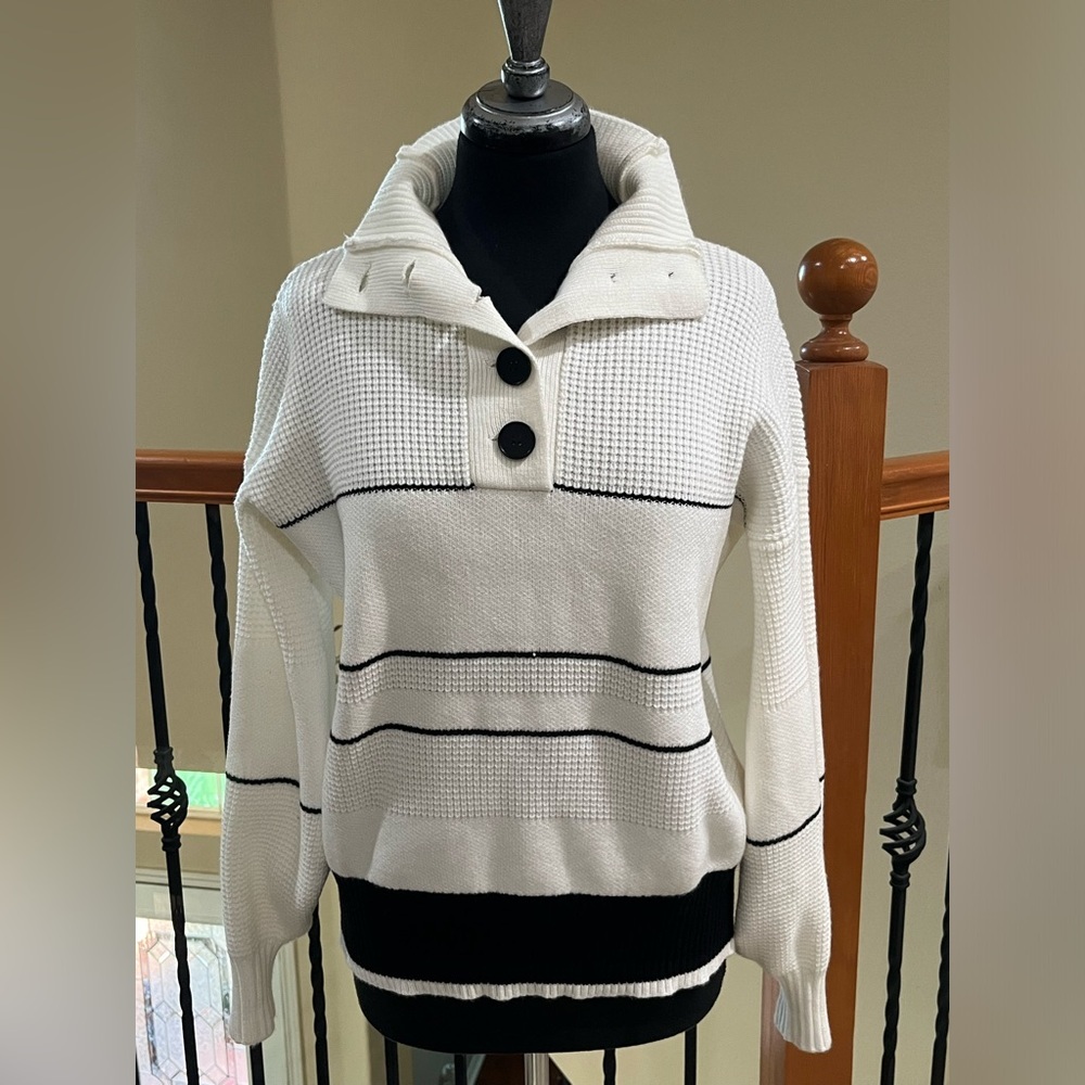 CHARTOU White Knit Button Mock Neck Sweater with Black Stripes ACADEMIA SIZE XS